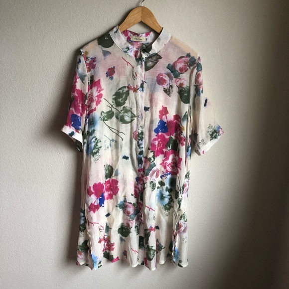 Ivory & pink sheer floral button up tunic - Picture 2 of 6